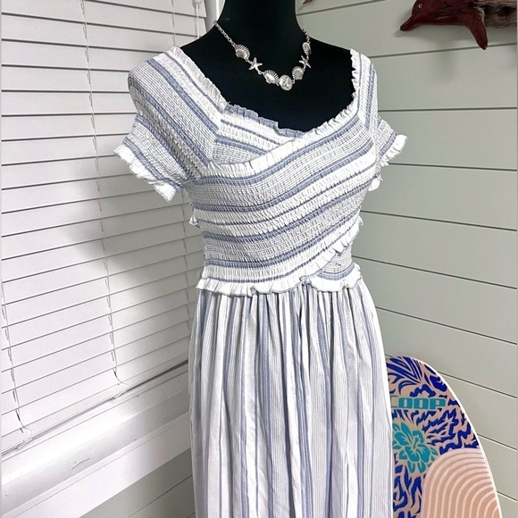 ⭐️Japana,Smocked,Shoulder Dress,Boho Blue-Striped Lightweight,Vacation Perfect - Picture 4 of 8